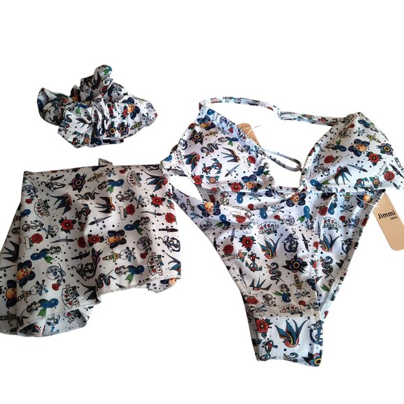 Jimmi Swim Women's Small Bikini Set Cover Up/Scrunchies Skulls Birds Roses NEW - Picture 1 of 12